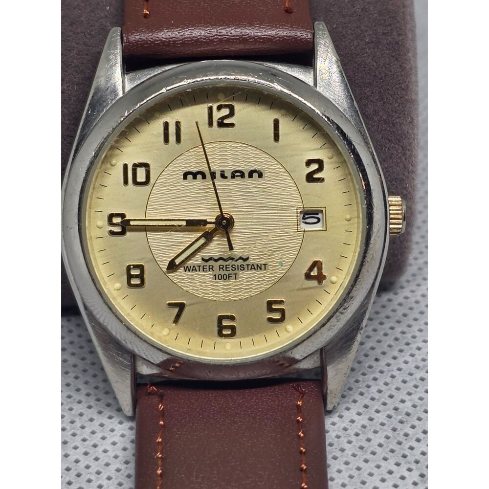 Milan MLN905 Mens Quartz Watch Gold Textured Dial Date Brown Leather Strap